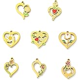Clotiry 8Pcs 8 Styles Stainless Steel Heart with Enamel Flower Pattern Pendants Golden Cubic Zirconia Love Heart Charms for DIY Jewelry Making Crafts