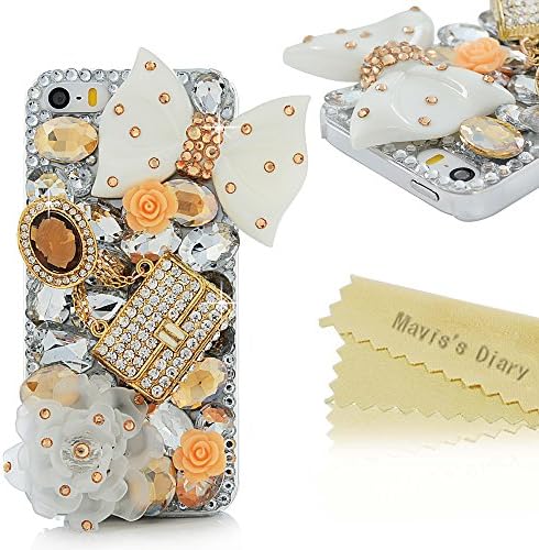 Mavis's Diary for iPhone 5S Case,iPhone SE Case,iPhone 5 Case,3D Handmade Bling Crystal Lovely White Bow Golden Bag Orange Flowers Shiny Sparkle Diamond Gems Design Hard Clear Cover for Iphone SE 5S 5