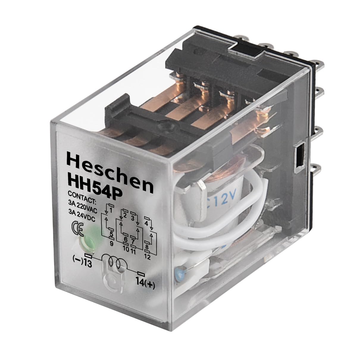 Heschen Gereral Purpose Power Relay, HH54P-L, 12VDC Coil, 3A 220VAC/24VDC, 4PDT, 14 Pin Terminals, LED Indicator