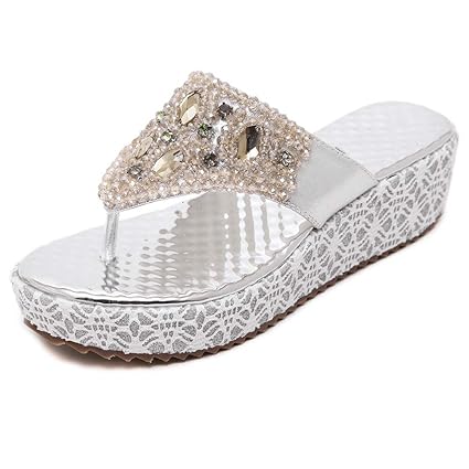 AWSAYS 2019 Frauensandalen Strass Perlenbesetzte Keilsandalen Und Hausschuhe