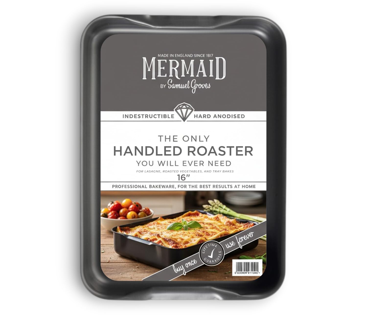 Mermaid 16" Hard Anodised Roasting Dish with Integral Handles – UK Made Professional Naturally Non-Stick Oven Roasting Tin for Meat, Vegetables & Family Meals – 42cm x 31cm