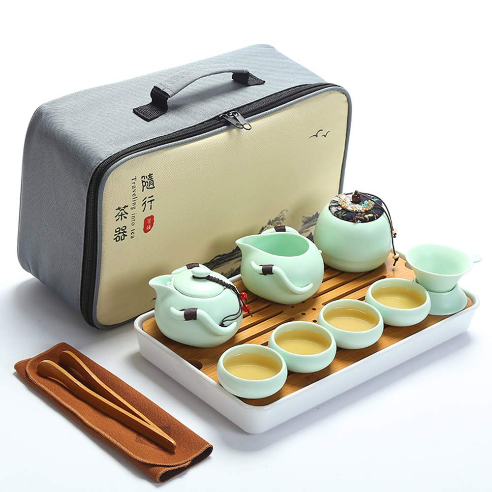 Fanquare Portable Travel Tea Set, Handmade Kungfu Teapot, Porcelain Teacups, Bamboo Tea Tray with Travel Bag, Green