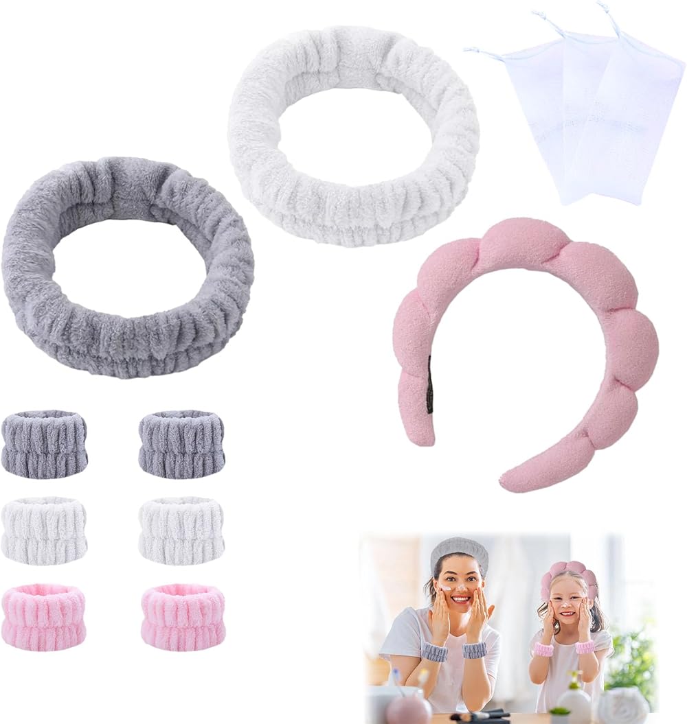 DALAETUS 12 Pc Soft Puffy Spa Headband Wristbands Bubble Net Face Wash Set