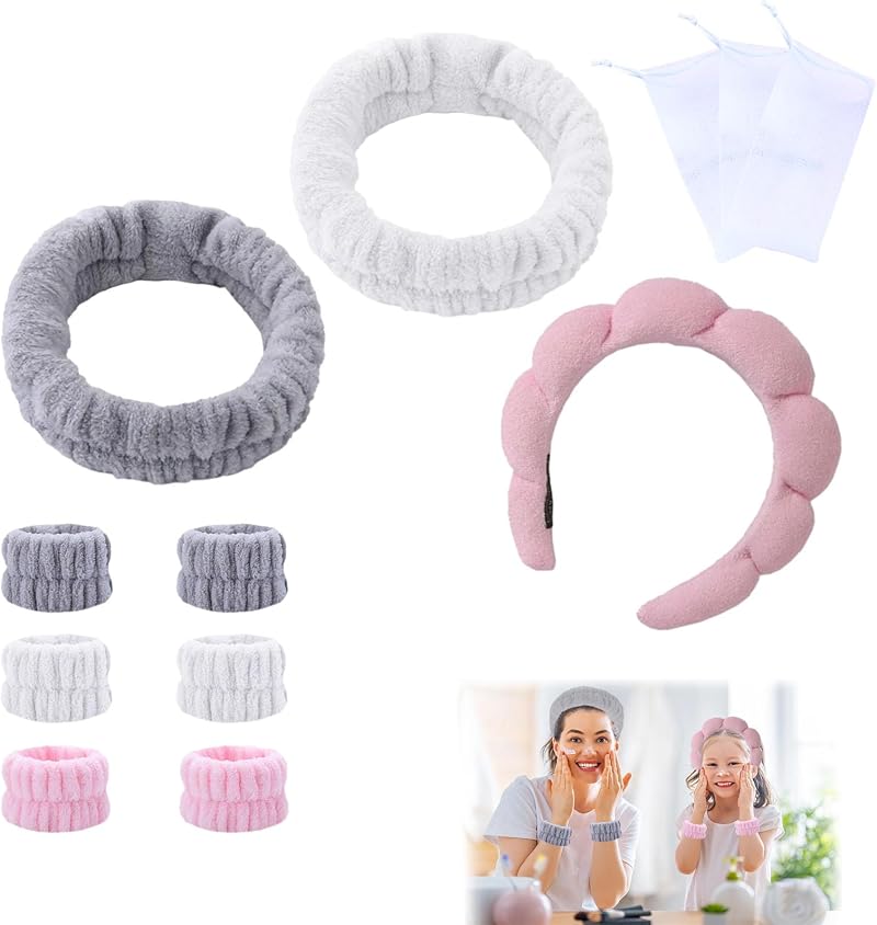 DALAETUS 12 Pc Soft Puffy Spa Headband Wristbands Bubble Net Face Wash Set