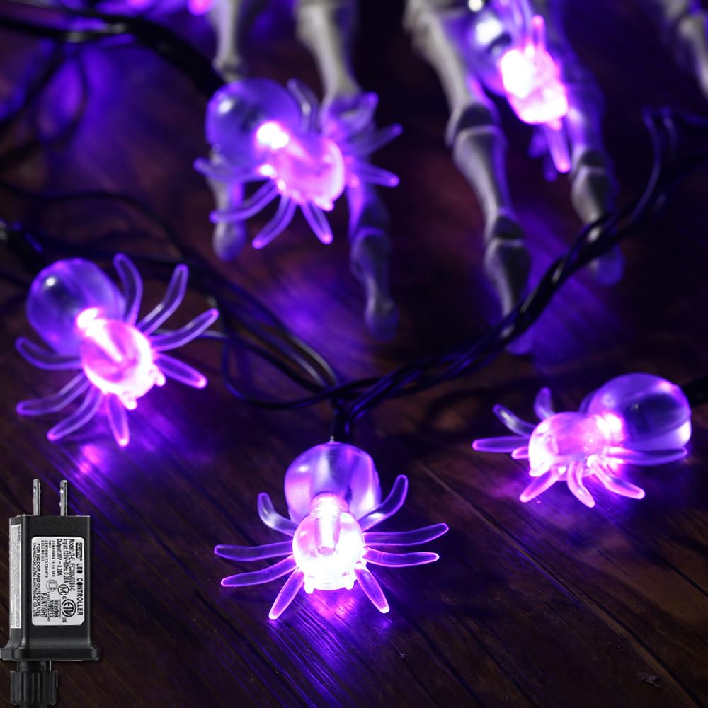 Photo 1 of RECESKY 70 LED Spider String Lights - 22.6ft Halloween String Lights, Waterproof Plug in Light for Outdoor, Indoor Decor - Halloween Lighting for Yard, Home, Halloween Party Decorations (Purple)