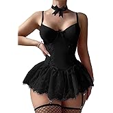 Foxiny Sexy Choker Corset Underwire Lace Sheer Garter Stockings Babydoll Lingerie Set with Thong 4 Piece Outfits