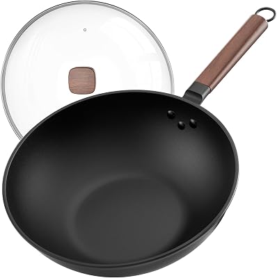 33cm/13inch Premium Wokpfanne mit Glasdeckel - Kohlenstoffstahl Wok ohne chemische Beschichtung, Ideal für Asiatische Küche, Induktionstauglich für Gasherd, Elektro- und Ceranfeld