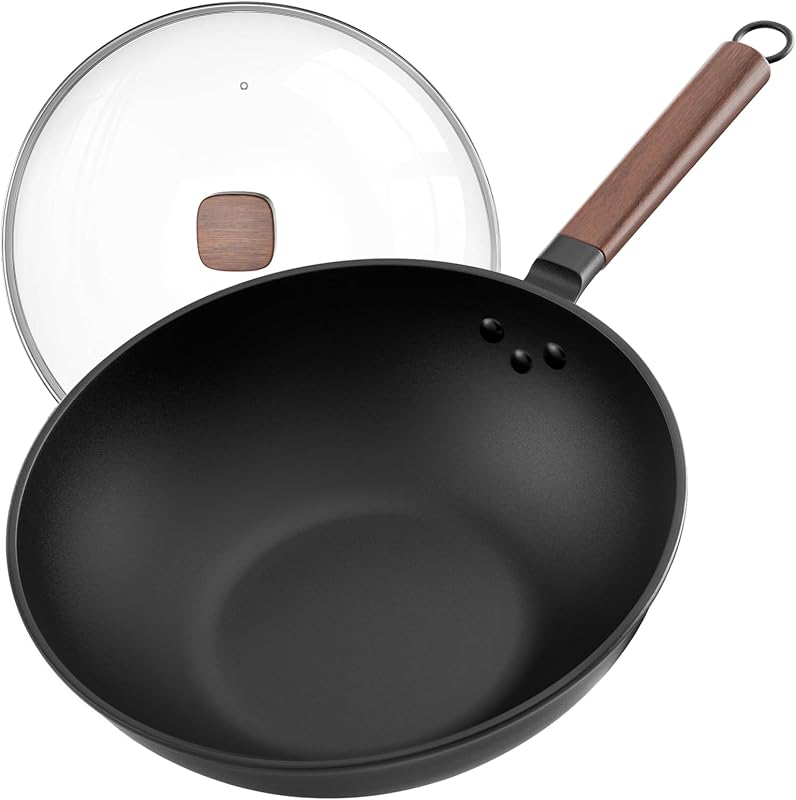 33cm/13inch Premium Wokpfanne mit Glasdeckel - Kohlenstoffstahl Wok ohne chemische Beschichtung, Ideal für Asiatische Küche, Induktionstauglich für Gasherd, Elektro- und Ceranfeld — Foto 1 von 7