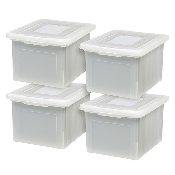IRIS USA FILE BOX, PLASTIC FILE ORGANIZER WITH LIDS FOR LETTER/LEGAL FILE, PORTABLE DOCUMENT BOX FOR MOVING, STORAGE BIN WITH DURABLE AND SECURE LID, STACKABLE NESTABLE BPA-FREE, PEARL 35 QT. 4 PACK