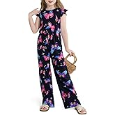 Haloumoning Girls Floral Jumpsuit Kids Fashion Ruffle Cap Sleeve Wide Leg Romper One Piece Outfits with Pockets