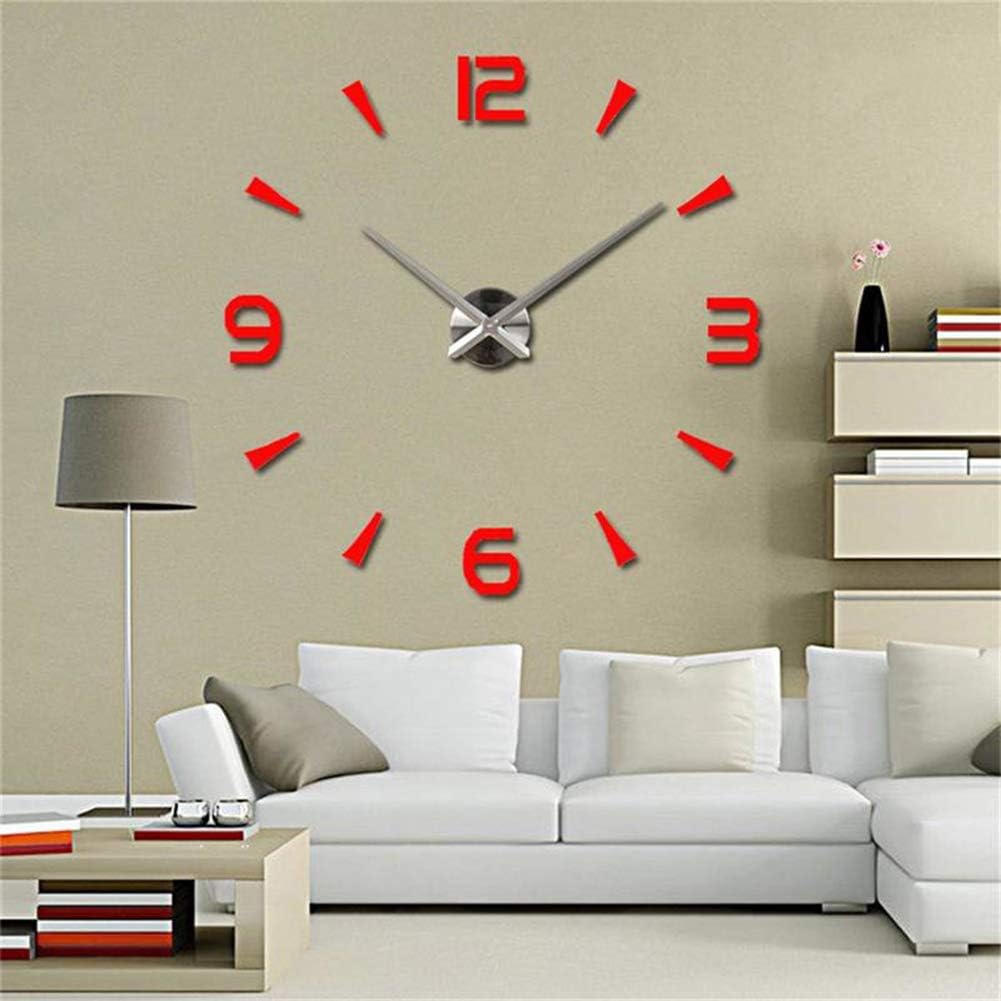 CreationStore LOZMOM Decorative 3D DIY Wall Clock, Frameless Wall Clock with Mirror Surface,Wall Stickers,Large Size Wall Decorative Clock for Living Room Bedroom Office Hotel (Red)