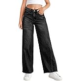 Haloumoning Girls Wide Leg Jeans Kids Elastic High Waisted Raw Hem Denim Pants with Pockets 5-14 Years