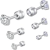Pack of 3 Screw Back Cubic Zirconia Earrings Studs 3MM/5MM/7MM,18K Gold Plated Titanium Stud Earrings for Men Women Birthday Anniversar