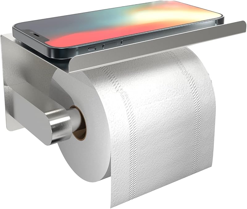 susswiff Self Adhesive Toilet Paper Holder with Phone Shelf - Silver