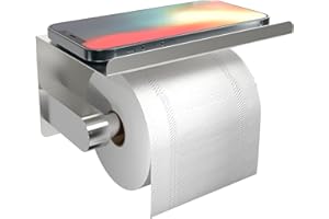 SUSSWIFF Self Adhesive Toilet Paper Holder with Phone Shelf, Screw-in Wall Mounted Toilet Paper Roll Holder, Rustproof Bathroom Washroom Tissue Roll Holder with Shelf, Toilet Paper Roll Dispenser- Silver