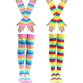 Chenflying 2 Pcs Womens Girls Cosplay Rainbow Striped Knee High Socks Stockings Leg Arm Warmer Fingerless Gloves Set