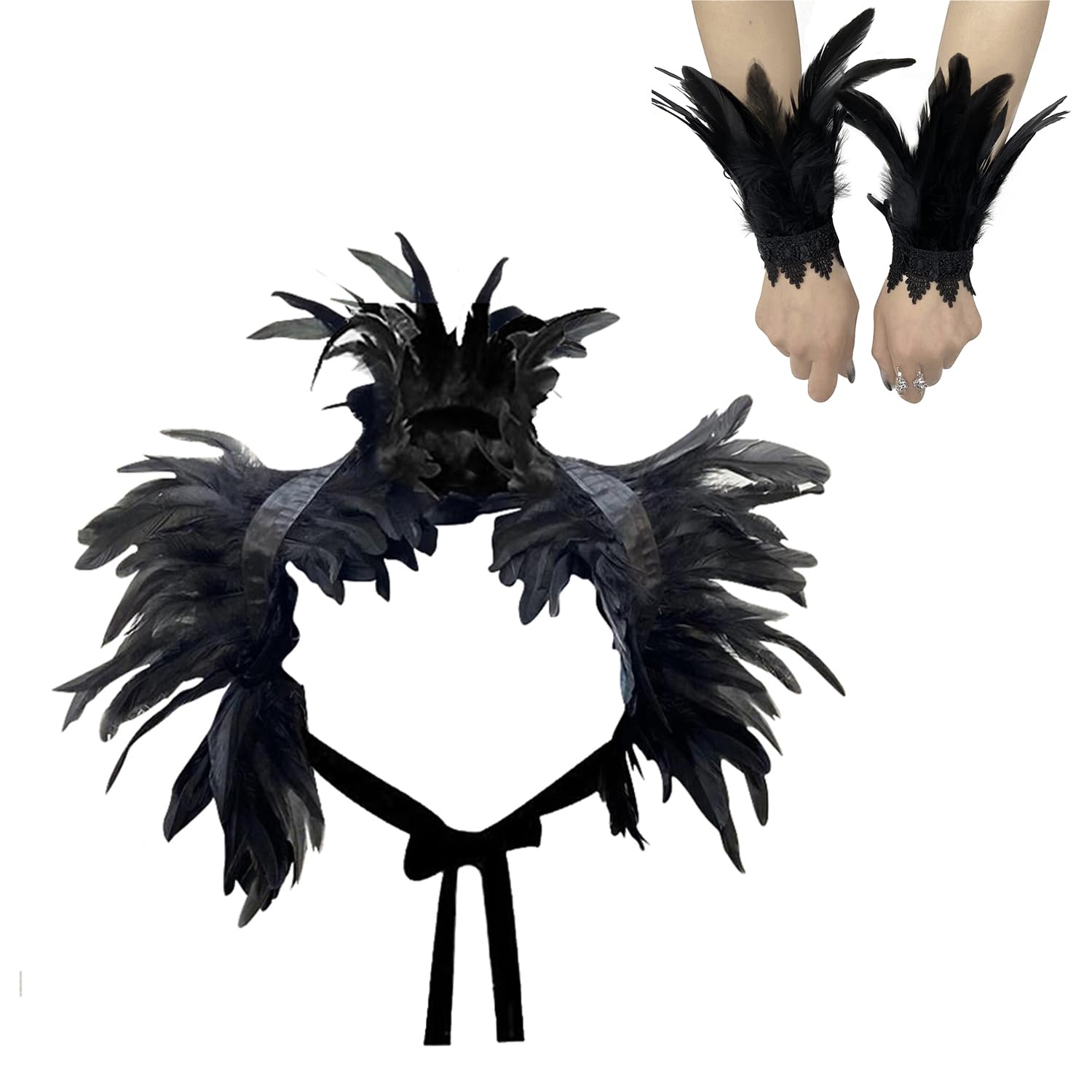 Gothic Feather Shrug Shoulder Strap and Feather Wrist Cuffs Set Cosplay Feathers Cape Shawl Wrap Costume Halloween Party Tie Scarf Bib Lace Feathers Wristband for Halloween Cosplay Fancy Dress