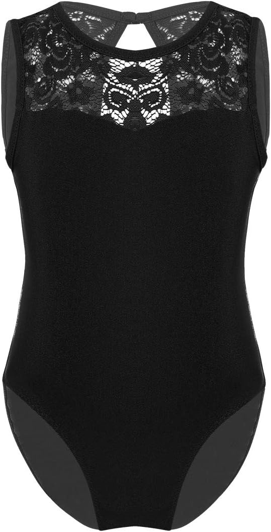 Kids Girls Floral Lace Splice Sleeveless Ballet Dance Jumpsuit Keyhole Cutout Back Yoga Gymnastic Leotard