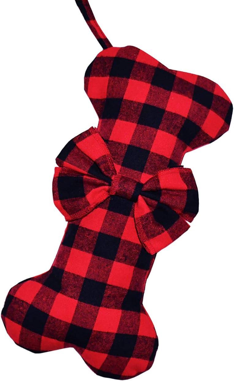 Stockings & Holders - Senneny Pet Dog Christmas Stockings Classic Buffalo Red Black Plaid Large Bone Shape Hanging Christmas Stocking for Dogs Pets