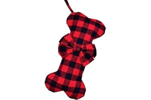 Senneny Pet Dog Christmas Stockings Classic Buffalo Red Black Plaid Large Bone Shape Hanging Christmas Stocking for Dogs Pets