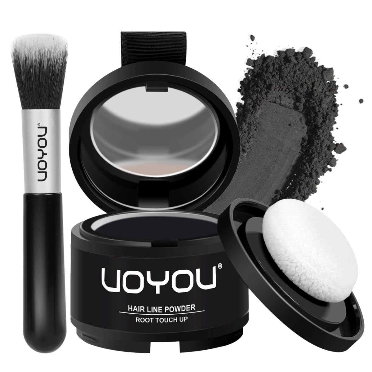 Root Touch Up Powder Instantly Conceals Hair Loss, Gray Cover Up, Water & Sweat Resistant for Thinning Hair Men & Women, Includes Brush (Black)