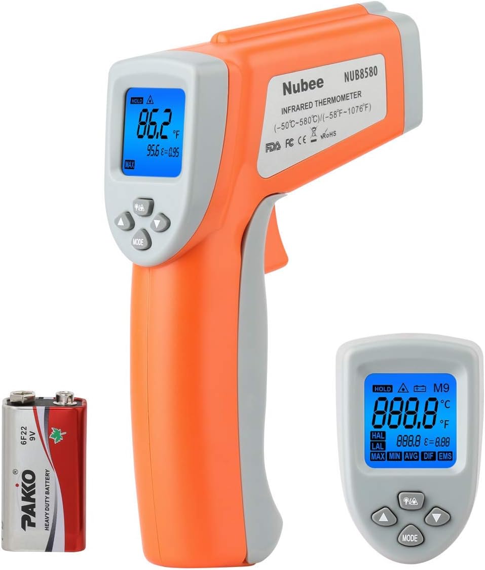 Nubee NUB8580 Dual Laser Digital Infrared Thermometer -58°F~ 1076°F (-50°C ~ 580°C) with Adjustable Emissivity & Data Memory & Max/Min/AVG/DIF/HAL/LAL for Cooking Meat Kitchen Refrigerator Pool Oven