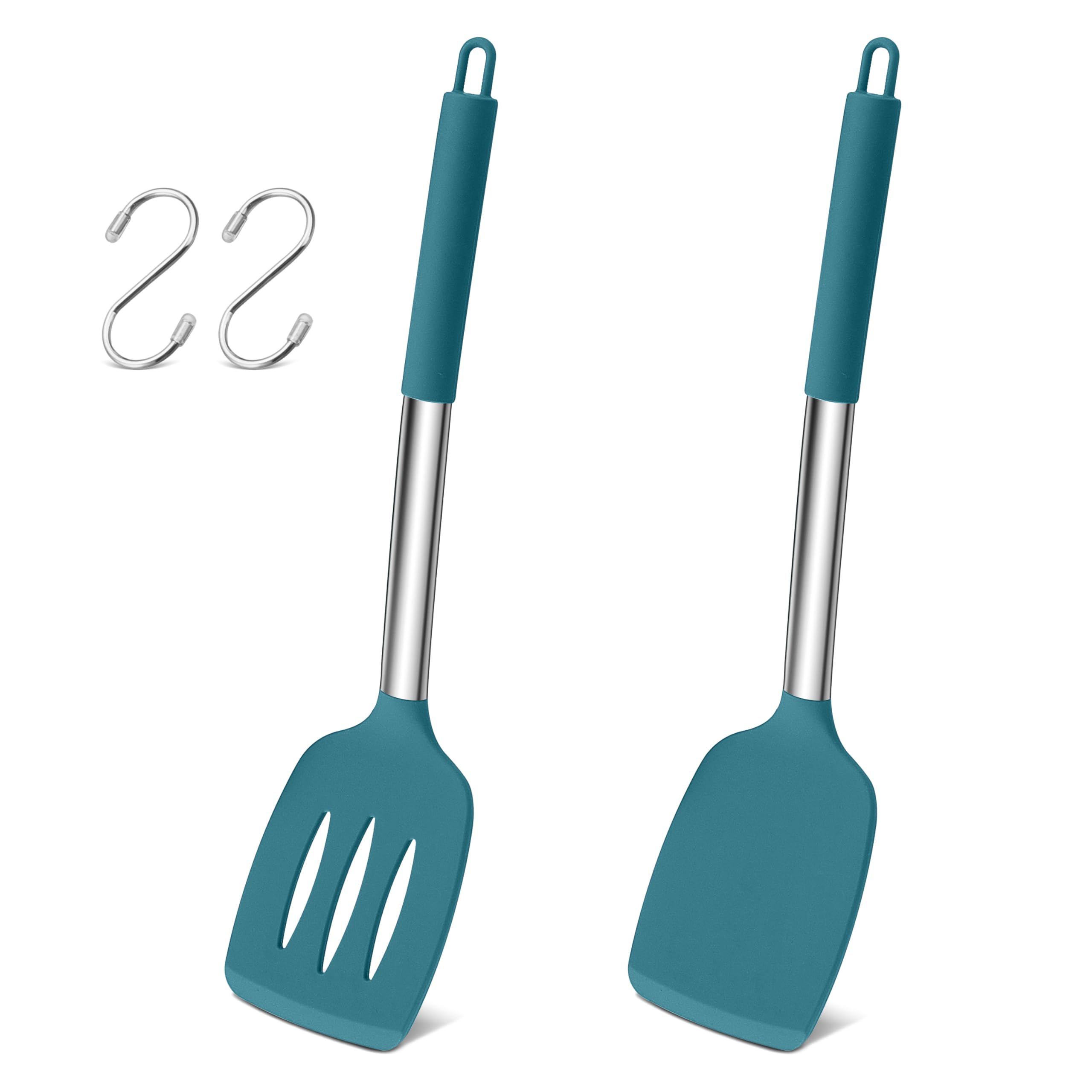 Herogo Silicone Spatula Turner, 2 Pcs Stainless Steel Cooking Spatula with S Hooks for Egg, Fish, Pancake, Meat, Non Stick Kitchen Utensils for Baking, Heat Resistant & Dishwasher Safe, Blue