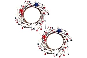 RSACCSKY 2 Pcs Patriotic Candle Rings Wreaths Summer White & Red& Blue Mixed Berries & Pip Berry Candle Rings Artificial Candle Holder 9" for 4 of July Home Kitchen Table Centerpiece (Blue-2pc)