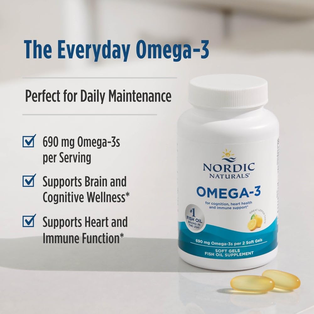 Nordic Naturals Omega-3, Lemon Flavor - 60 Soft Gels - 690 mg Omega-3 - Fish Oil - EPA & DHA - Immune Support, Brain & Heart Health, Optimal Wellness - Non-GMO - 30 Servings