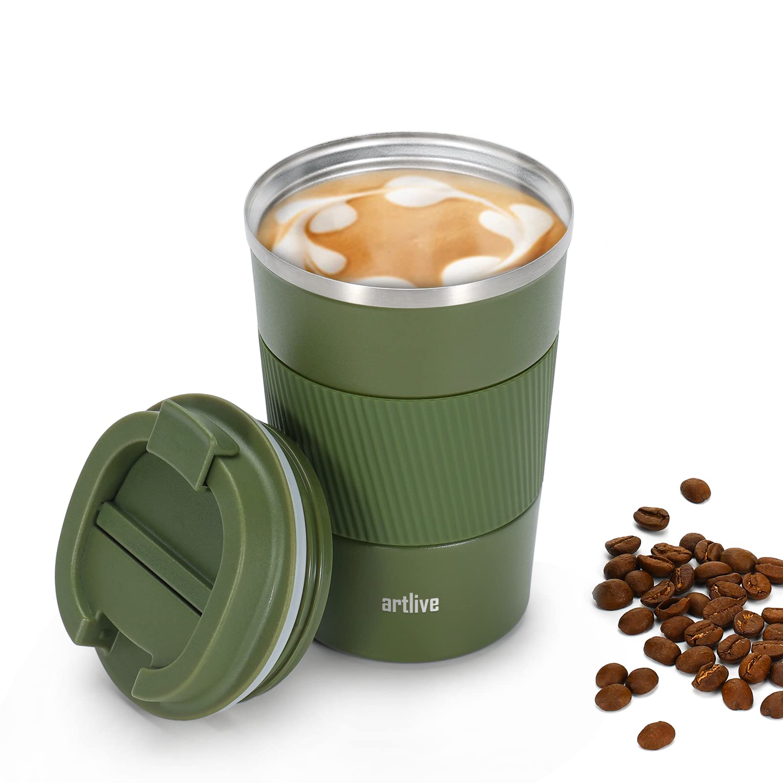 Artlive Coffee Cup, Reusable, Insulated & Double Wall Travel Mug - Travel Cup Thermal Stainless Steel Eco-Friendly with Lid - Hot & Cold Coffee Mug 510ml (GreenGrip, 380 ml) — image 1