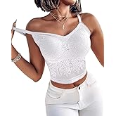 CHICME Padded Lace Bralette for Women Crop Tops Spaghetti Strap V Neck Tank Top Slim Fit Camisole