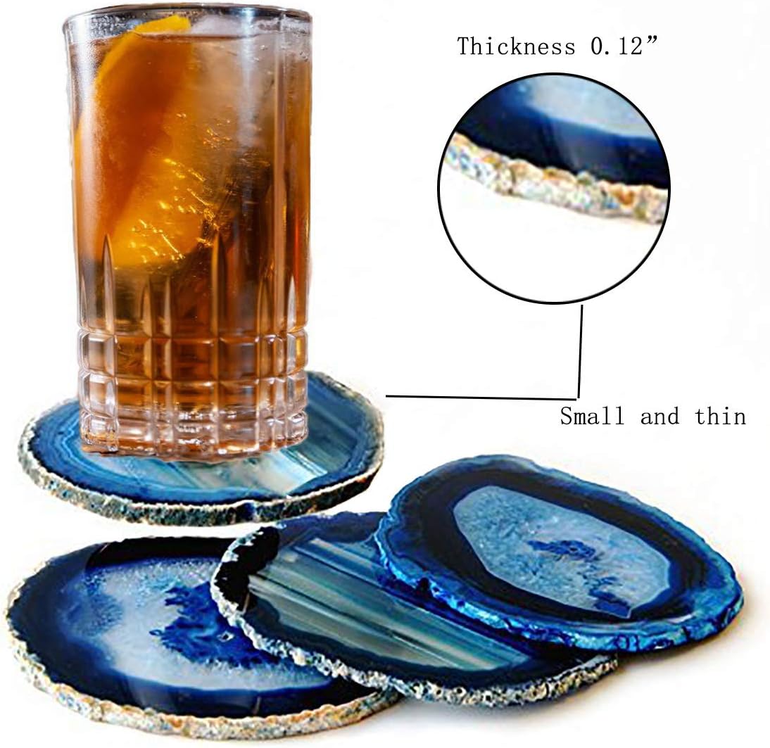 JIC Gem 3-3.5" Dyed Blue Color Small Size Agate Coastes Polished Natural Geode Stone Coasters Agate Slices Set of 4 with Protective Rubber Bumper Home Decorative: Kitchen & Dining