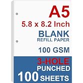 A5 Filler Paper, 5.8 x 8.2 Inch(14.8 x 21cm), 3 Hole Planner Refills, Organizer, Total 100 Sheets/200 Pages, 100gsm, Blank, White Paper, 3 Hole Filler Paper, Mini Binder Refills, Fit Mini Binder Only