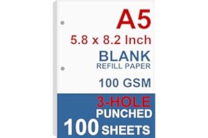 NOKINGO A5 Filler Paper, 3 Hole Planner Refills, Organizer, Binders, Total 100 Sheets/200 Pages, 100gsm, Blank, White Paper, 5.8 x 8.2 Inch, 3 Hole Filler Paper, Mini Binder Refills, Fit 3 Hole Binder Only
