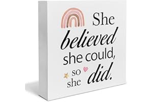 HEIJIE Boho Encouraging Wood Box Sign Desk Decor She Believed She Could So She Did Wood Block Sign Decor for Home Living Room Nursery Shelf Wall