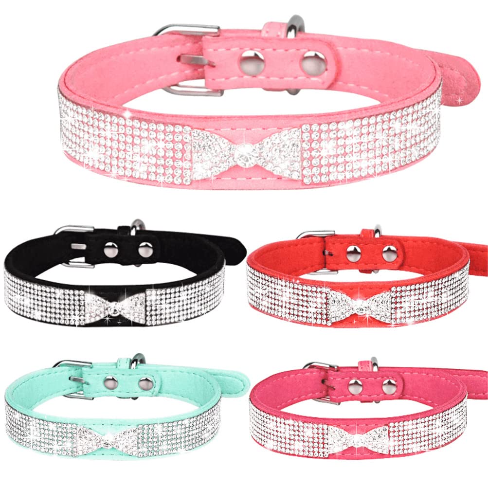 Small Dog Collar Puppy Cat Collars Diamond Bling Girl Rhinestone Cute Bowtie Female Boy Little Pet kitten Collar Fashion Hot Pink M