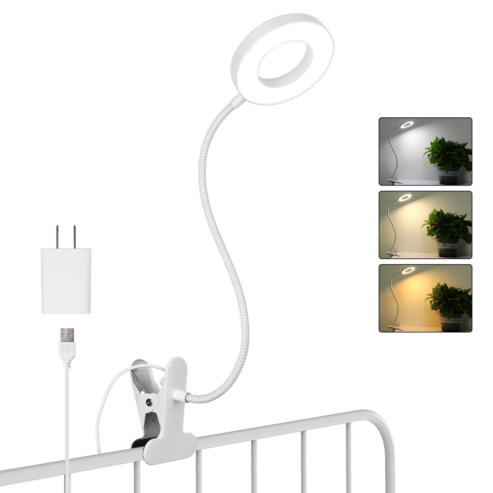 Photo 1 of Desk Clip on Lamp for Reading Home Office, with 5V 2A Adapter, 10 Dimmable Brightness 3 Modes, Clamp Reading Light for Bed Headboard, Craft (White)…