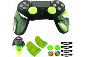 ASOKEX Silicone Skin Cover for Ps4 Slim/Pro DualShock Controller(1pc Anti-Slip Case, 1 Pair L2 R2 Trigger Extender, 4pcs Thumb Grips,4pcs LED Light Bar Protector Decal)(Double Green granular)