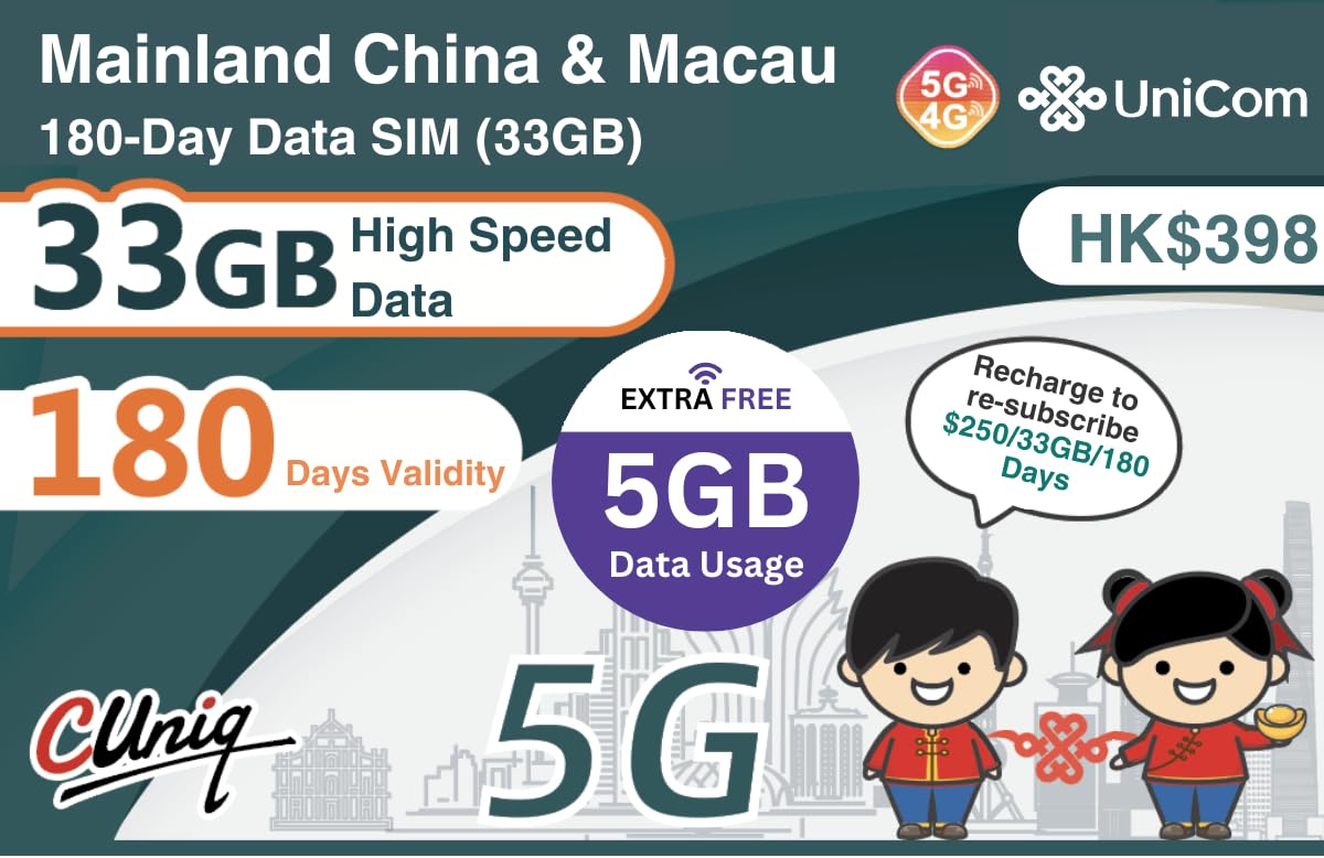 China & Macau Prepaid Data SIM Card (38GB,180 Days) 5G/4G High Speed Ready to Use SIM | Rechargeable SIM | Ready to use for Business Travel | Hotspot sharing | GuangZhou ShangHai Beijing ShenZhen