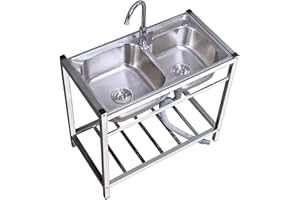 ANram Farmhouse Freestanding Stainless Steel Sink, 304 Grade, 80x43x75cm, Double Tank, 2 Compartment, Commercial Utility Sink