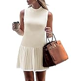 Wenrine Womens Sleeveless Summer Mini Dress Mock Neck Ribbed Knit Ruffle Pleated Casual Tank Dress