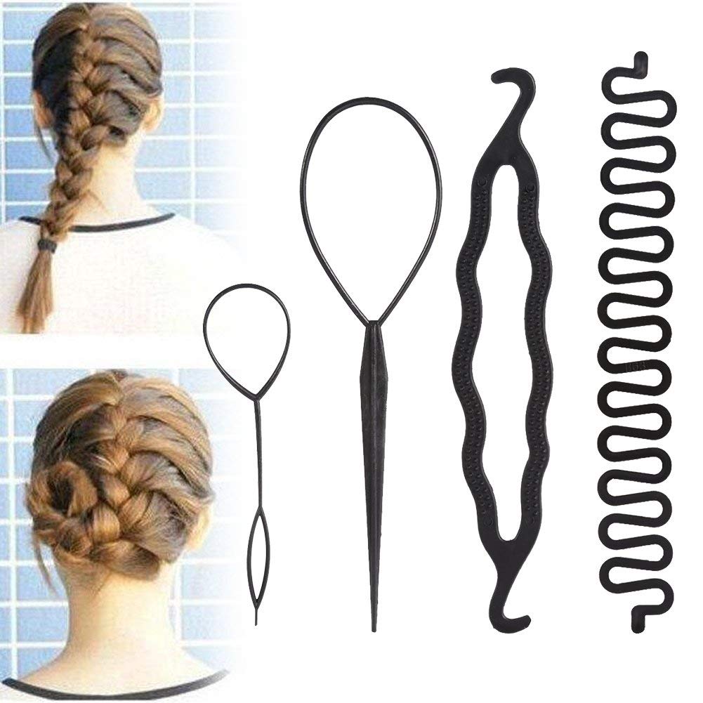 Topsy tail, DIY Hair Styling Accessories Tools, Hair Hairstyles Set, Magic Easy Fast Spiral Braid Braiding Hair Styling Set for Women, Girls, Toddlers, Girls (4 Pieces Braiding Tool Roll Set)