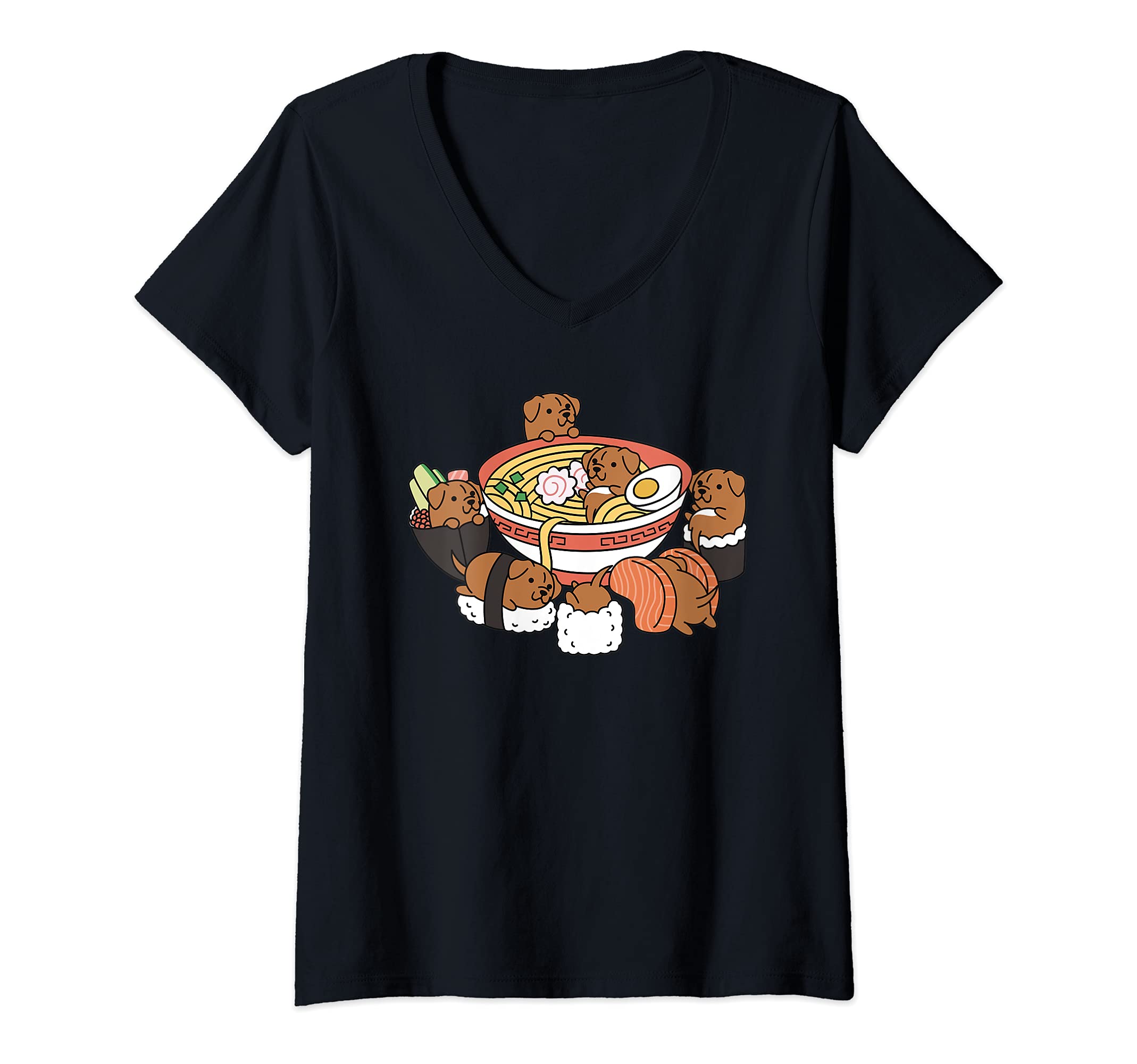 Womens Ramen Sushi Dogue De Bordeaux Dog V-Neck T-Shirt
