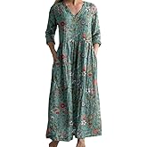 ACWUMU Women's Summer Casual Boho Floral Dress Plus Size V Neck Long Sleeve Flowy Maxi Dresses with Pockets