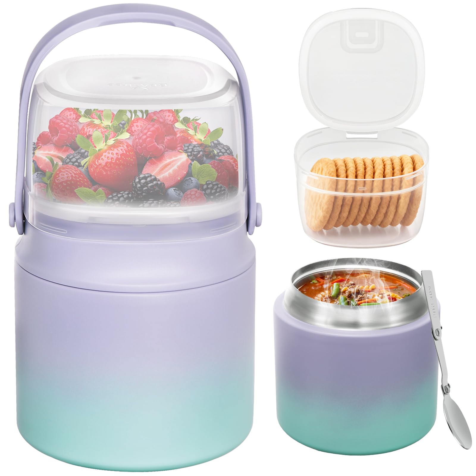 Photo 1 of 2 - in - 1 Soup Thermo for Hot Food 14oz with Snack Box Container Leak Proof Insulated Lunch Container Kids and Adults Stainless Steel Double Wall Vacuum Wide-mouth Thermal with Spoon and Handle