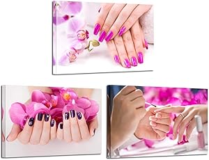 Kreative Arts 3 Pieces Canvas Prints Purple Orchid Flowers Nail-Painting Wall Art Hands Spa Pictures Beauty Salon Manicure Posters Printed On Canvas for Nail Salon Walls Decor 16x24inchx3pcs