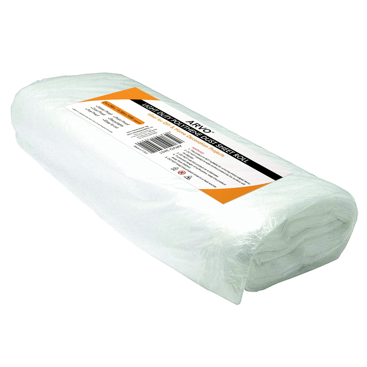 ARVO 1 Pack Extra Large Plastic Dust Sheets for Decorating - 2m x 50m (6.5ft x 164ft), Waterproof Polythene for Painting, Furniture, Floor Protection, Ideal with Paint Coveralls