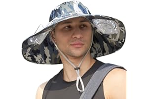 BYROTSON Mens Sun Hat with 2 Fan, Summer Cooling Wide Brim Bucket Hat, Beach Hat Garden Hat, Solar + USB Dual Power Supply