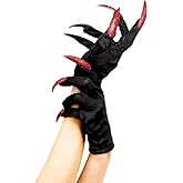 Ylapagne Halloween Witch Gloves with Glitter Red Long Nails - Adult Costume Gloves for Cosplay, Party, Gothic Performance & Horror Theme Dress-Up Props