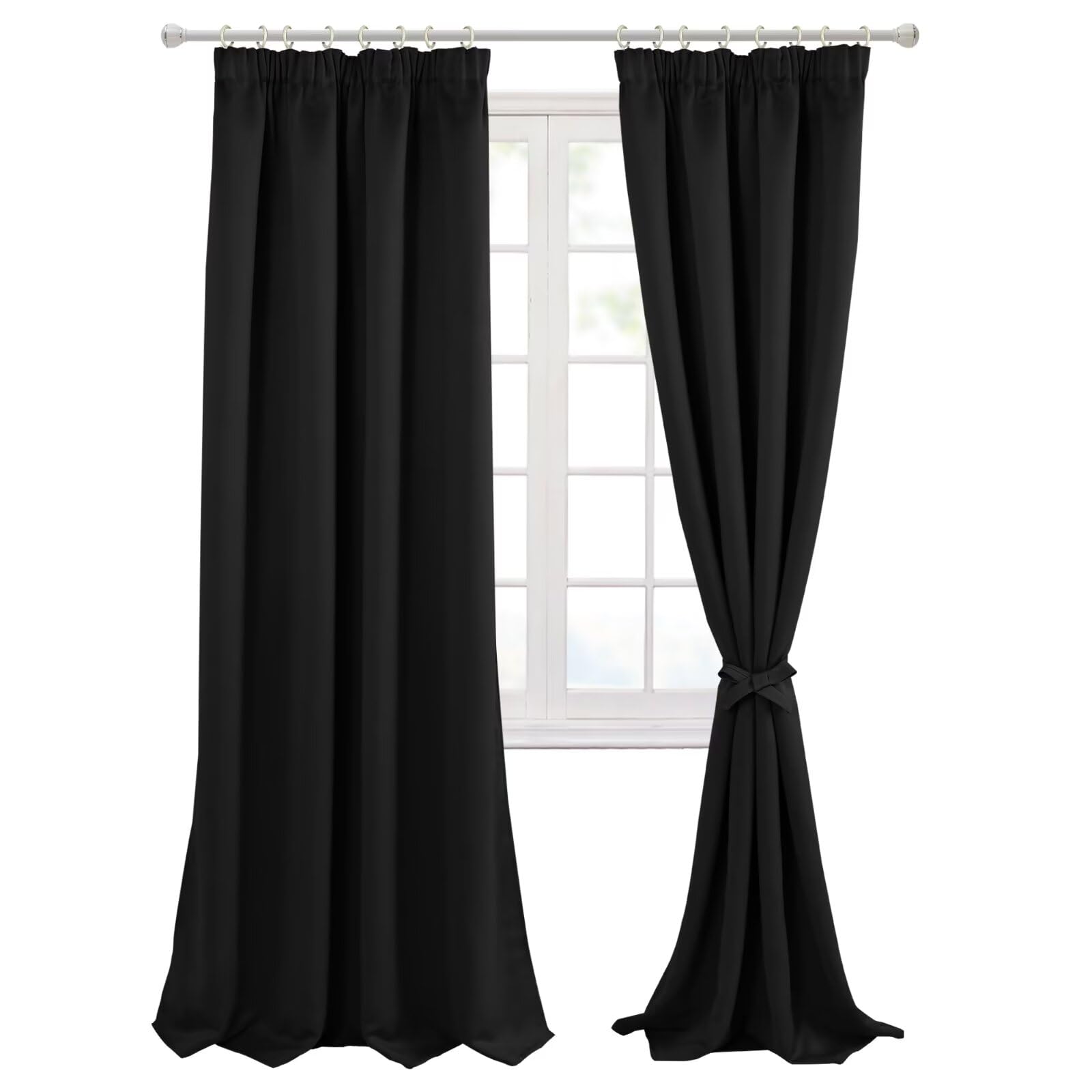 Hiasan Pencil Pleat Blackout Thermal Insulated Curtains, Bedroom and Living Room with Tiebacks, Energy Saving and Noise Reducing, 2 Panels, 46 x 90 Inch, Black